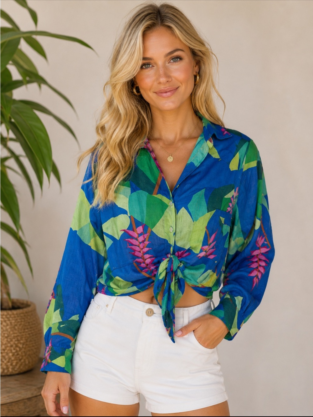Christian Siriano Women's S Long Sleeve Front Tie Linen Blend Top Tropical Blue